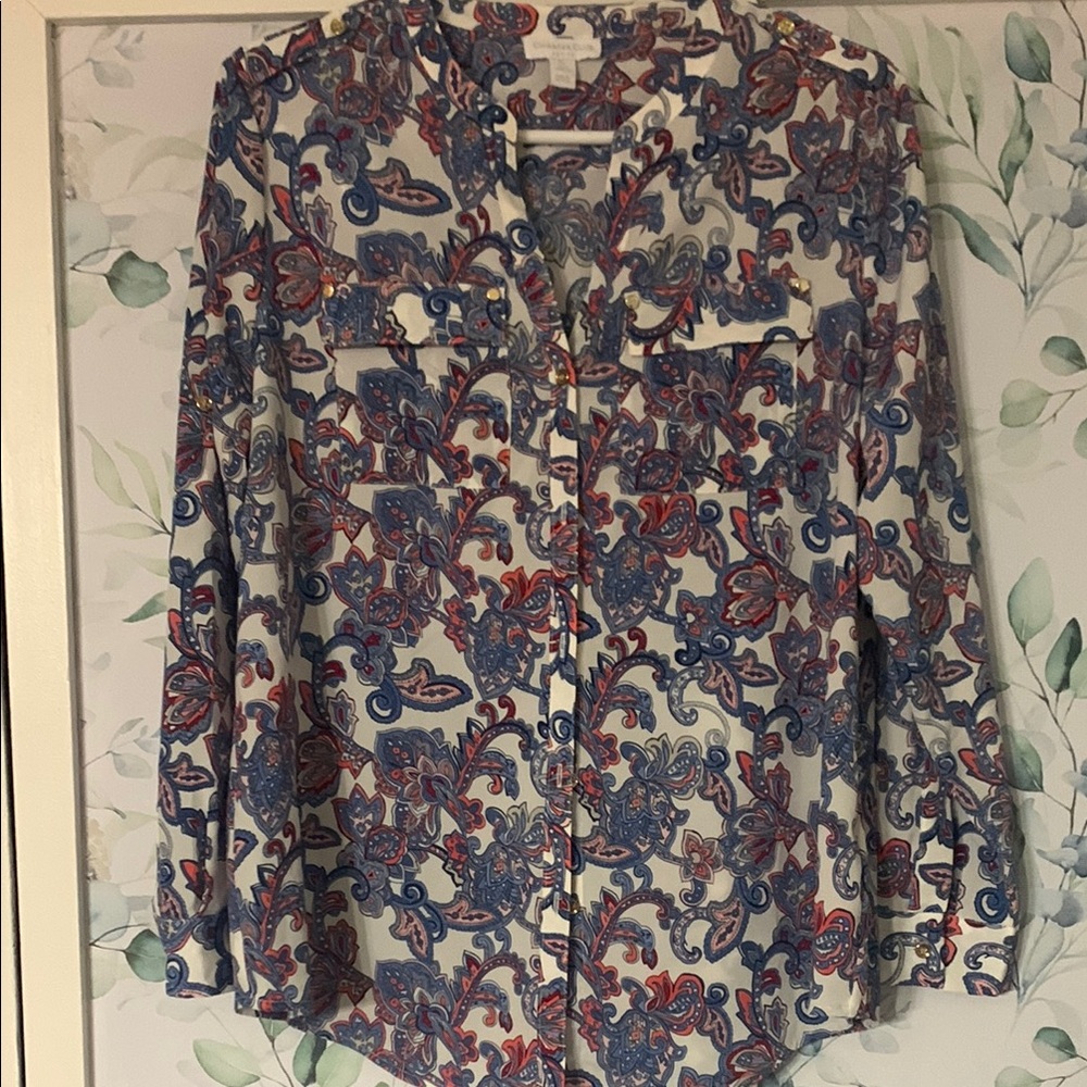 Charter Club Petite. Paisley print blouse with silver buttons. Silky feel